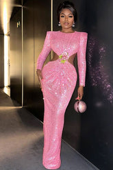 Glitzerndes Maxikleid mit Strass-Blumen-Puffärmeln und Pailletten - Rosa